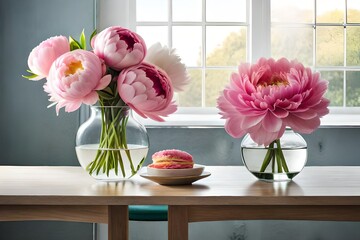 On a white table, lovely peonies are displayed in a glass vase. Room for text
