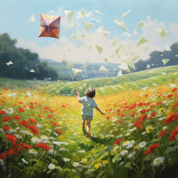 A little boy with a kite.  A child enjoys nature and plays with a kite on a warm summer sunny day in the background of a field and green trees. Generative AI.