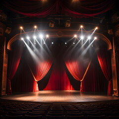 arafed stage with red curtains and spotlights and a wooden floor Generative AI