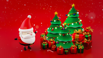 Santa Claus with Christmas trees with decorations and gift boxes on red background. Merry Christmas and Happy New Year. 3D render.