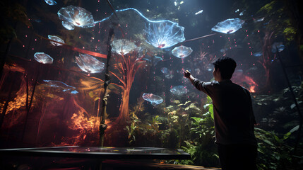 there is a man standing in front of a display of jellyfishs Generative AI