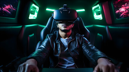 there is a man sitting in a car with a virtual reality headset Generative AI