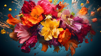 brightly colored flowers are splashing in a blue background Generative AI