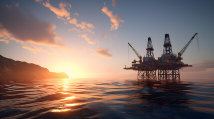 arafed oil rig in the middle of the ocean at sunset Generative AI