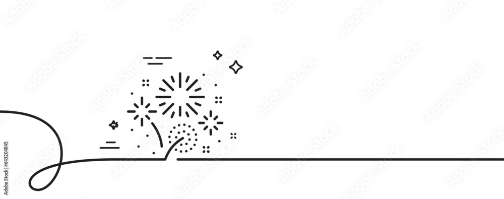 Poster fireworks line icon. continuous one line with curl. pyrotechnic salute sign. carnival celebration li