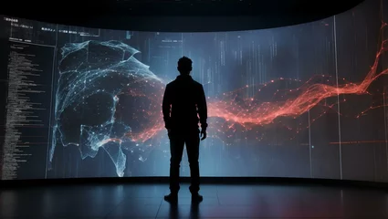 Foto op Canvas  person standing in front of a giant digital screen with a flow of data showing various cyber threats and vulnerabilities  © abdo