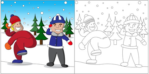 Obraz na płótnie Canvas Fun coloring page of kids throwing snowballs. Hours of fun for little kids. Very easy to color. Coloring page for kids. Simple coloring page. Colored Clipart, Xmas card, banner, poster design 