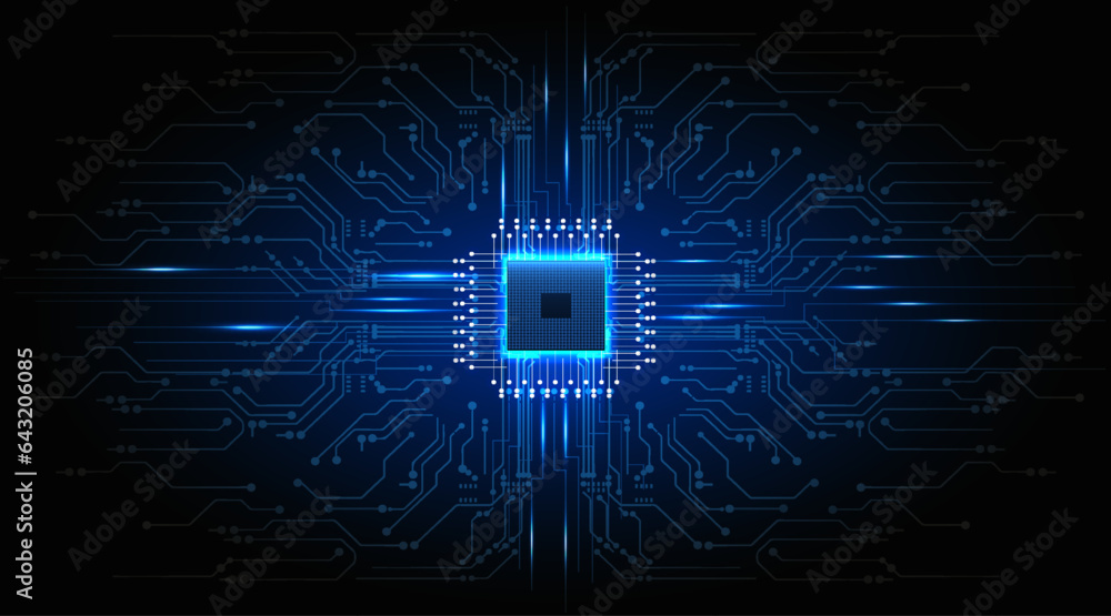 Poster central computer processors cpu concept. motherboard digital chip. processor with lights on the blue