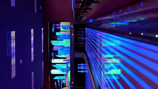 Caucasian man throws a ball while bowling in trade center, vertical shot