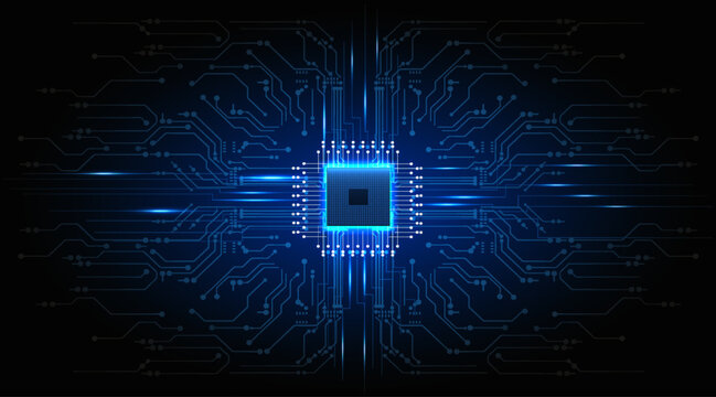 Central Computer Processors CPU concept. Motherboard digital chip. processor with lights on the blue background. Quantum computer, large data processing,