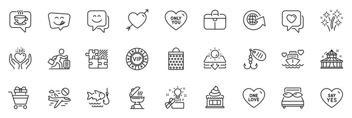 Icons pack as Heart, Sun protection and Ice cream line icons for app include Circus, One love, Shopping bag outline thin icon web set. Pillows, Grill, Coffee pictogram. Travel delay. Vector