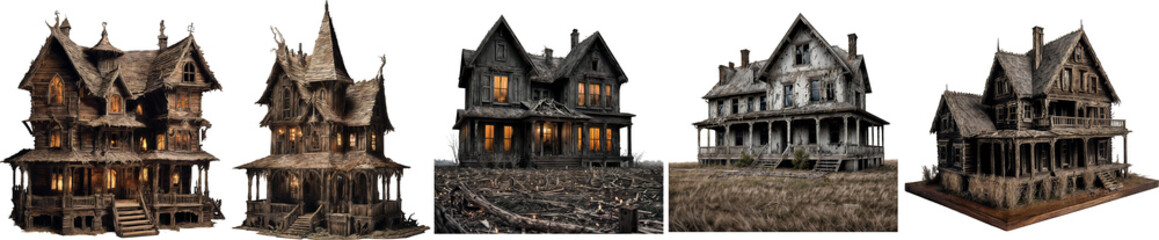 Set Collection of Halloween haunted house Spooky Night, Isolated on transparent background, Realistic Halloween dark house PNG illustrate. Generative AI.