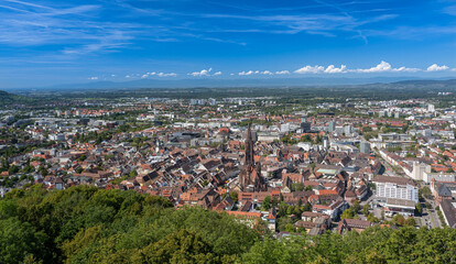 Freiburg im Breisgau. View over the roofs of the old town with Freiburg Cathedral....