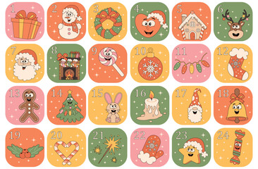 Christmas advent calendar surprise. Countdown retro cartoon style elements. Vector groovy characters.