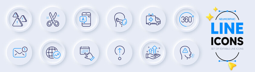 Event click, Cough and Ambulance car line icons for web app. Pack of Attention, Medical mask, Ab testing pictogram icons. New message, Cut, Analysis graph signs. 360 degrees. Vector