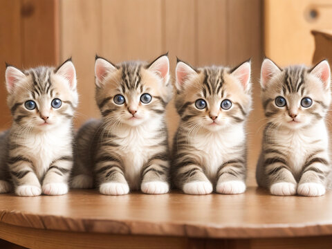 There are four kittens sitting on a table together looking at the camera
