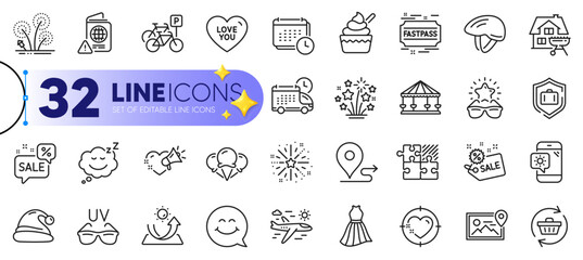 Outline set of Home grill, Carousels and Weather phone line icons for web with Refresh cart, Love you, Sunglasses thin icon. Passport warning, Bicycle parking, Fireworks stars pictogram icon. Vector