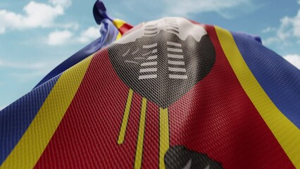 Wavy flag of Eswatini blowing in the wind in slow motion. Waving colorful Swaziland flag team symbol abstract vertical background. Blue sky with clouds. World countries flying flags concept