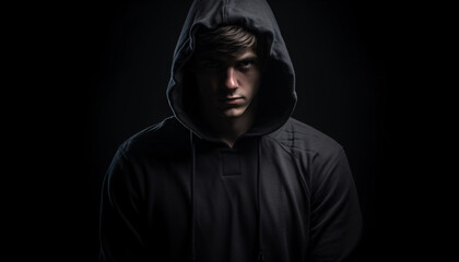 Fototapeta na wymiar Young man man in hoodie on a dark background