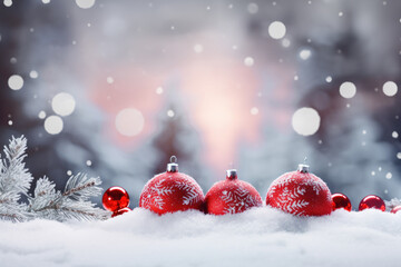 Naklejka na ściany i meble Christmas holiday background with gifts and decorations on snow with fir branches on bokeh winter background, Merry Xmas concept, generative ai