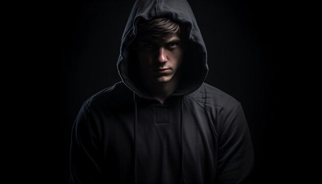 Young man man in hoodie on a dark background