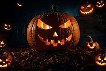 Glowing Halloween Jack-O'-Lantern Illuminated in Dark