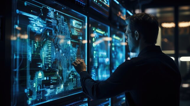 An older technology expert, confidently troubleshooting a complex network issue while surrounded by screens and cables.