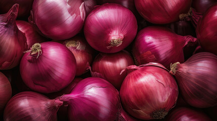 Aromatic ripe red onions heap
