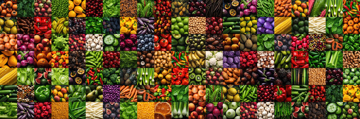 Panorama of many fresh and ripe fruits and vegetables