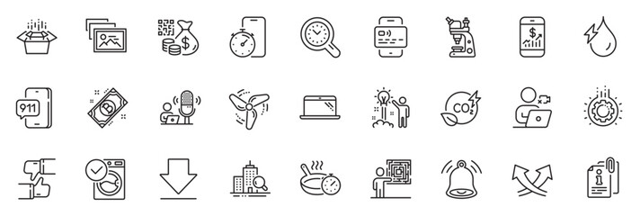 Icons pack as Bitcoin, Photo album and Qr code line icons for app include Microscope, Time management, Attached info outline thin icon web set. Creative idea, Bell alert, Inspect pictogram. Vector