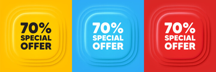 70 percent discount offer tag. Neumorphic offer banners. Sale price promo sign. Special offer symbol. Discount podium background. Product infographics. Vector