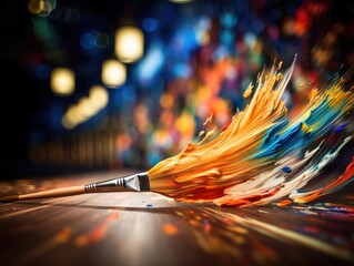 A paintbrush with colorful feathers on a table. Generative AI.