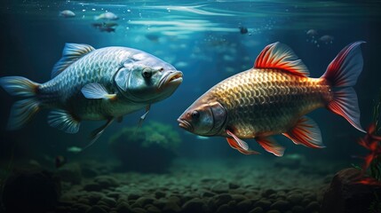 Fototapeta premium A couple of fish swimming next to each other. Generative AI.