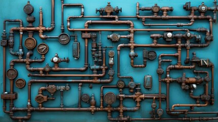 Obraz na płótnie Canvas A bunch of pipes and valves on a wall. Generative AI.