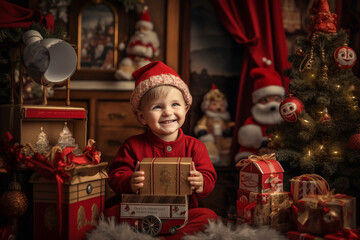 Christmas and New Year holidays concept. Children enjoy magical moment of Christmas eve and holidays. Generative AI