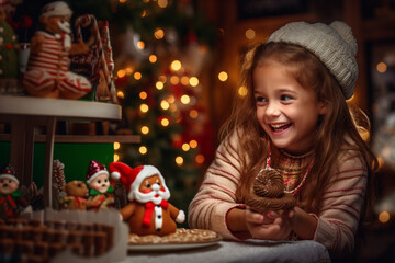 Fototapeta na wymiar Christmas and New Year holidays concept. Children enjoy magical moment of Christmas eve and holidays. Generative AI