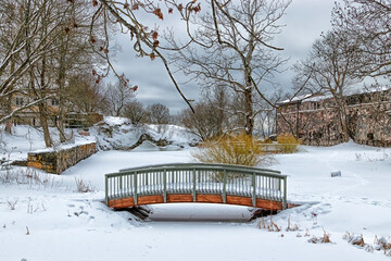 Suomenlinna fortress island snow covered bridge