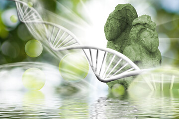 image of ancient cult figures and stylized DNA chains and their reflection in water
