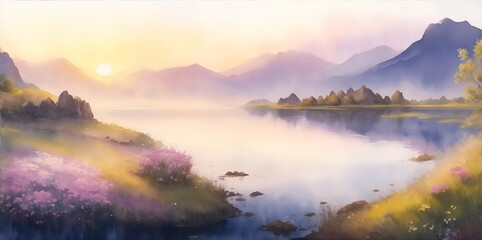 Fototapeta premium Morning sunset on the higland lake. AI generated illustration