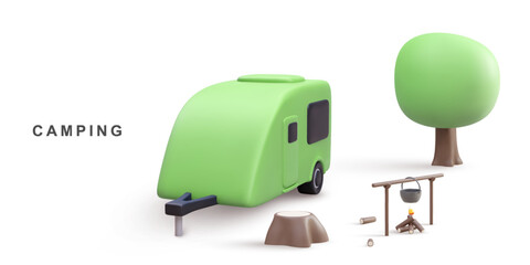 3d  banner concept - camping. Vector illustration.