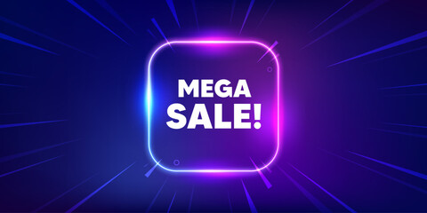 Mega Sale tag. Neon light frame box banner. Special offer price sign. Advertising Discounts symbol. Mega sale neon light frame message. Vector