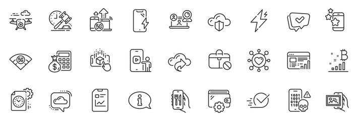Icons pack as Finance calculator, Cloud share and Augmented reality line icons for app include Auction hammer, Web report, Checkbox outline thin icon web set. Best app, 5g internet. Vector