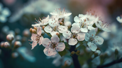 Small white flowers on a toned on gentle soft blue and pink background outdoors close-up macro . Spring summer border template floral background. Light air delicate artistic image, free space.