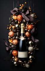 In the midst of the dark setting, Christmas balls create a cheerful display, and the presence of champagne and wine adds to the holiday spirit.
