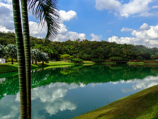 Paisagem com palmeira ornamental, lindo logo ao fundo de águas verdes, muita vegetação em volta e céu azul com nuvens. Localizado em museu a céu aberto de Minas Gerais - 90