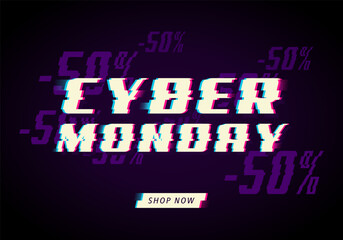 Cyber Monday sale text with glitch effect over discount offer and dark background for online shopping