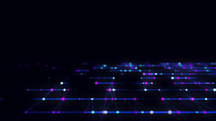 Abstract grid with blue light on black background. Science background with moving dots and lines. Network connection technology. Digital structure with particles. 3d rendering.