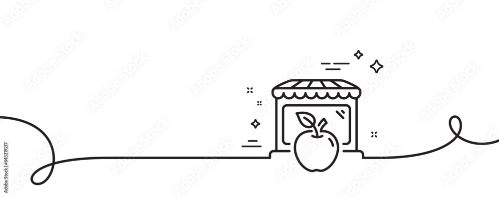 Poster Market with apple line icon. Continuous one line with curl. Wholesale store sign. Retail marketplace symbol. Market single outline ribbon. Loop curve pattern. Vector