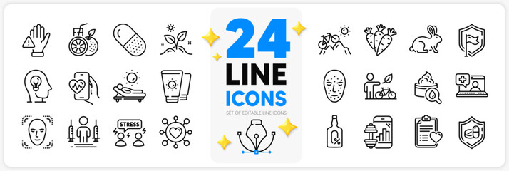 Icons set of Orange juice, Lounger and Mental health line icons pack for app with Capsule pill, Coronavirus injections, Grow plant thin outline icon. Difficult stress, Eco bike. Vector