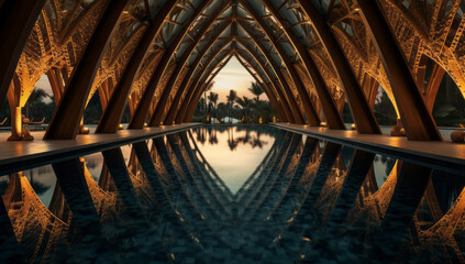 Naklejka premium The symmetrical huts sre next to the large emerald pool and palmes